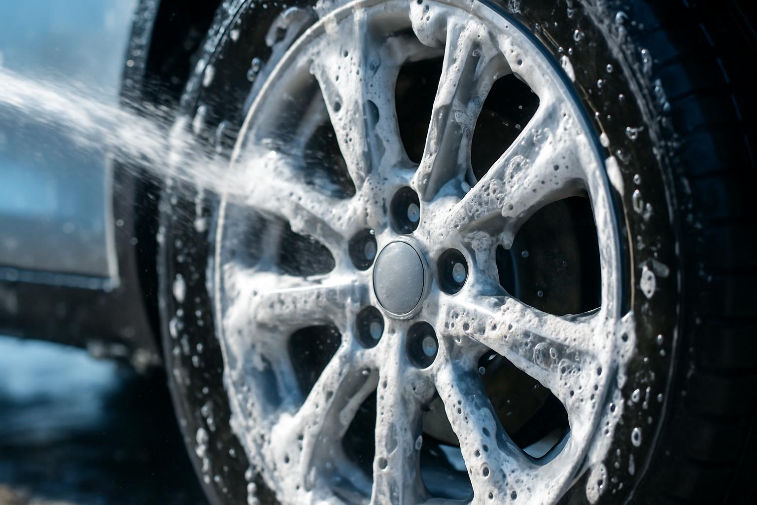 Close-up of a clean white car after wash